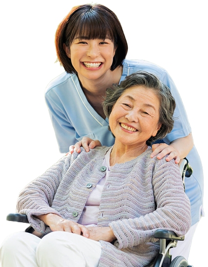 A female caregiver and a senior woman sitting on a wheelchair