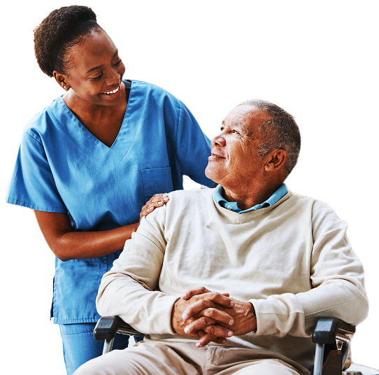 A female caregiver and a senior man sitting on a wheelchair