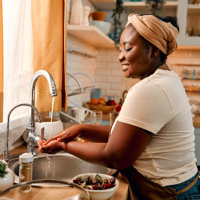 Happy african homemaker getting ready for home-based cooking process